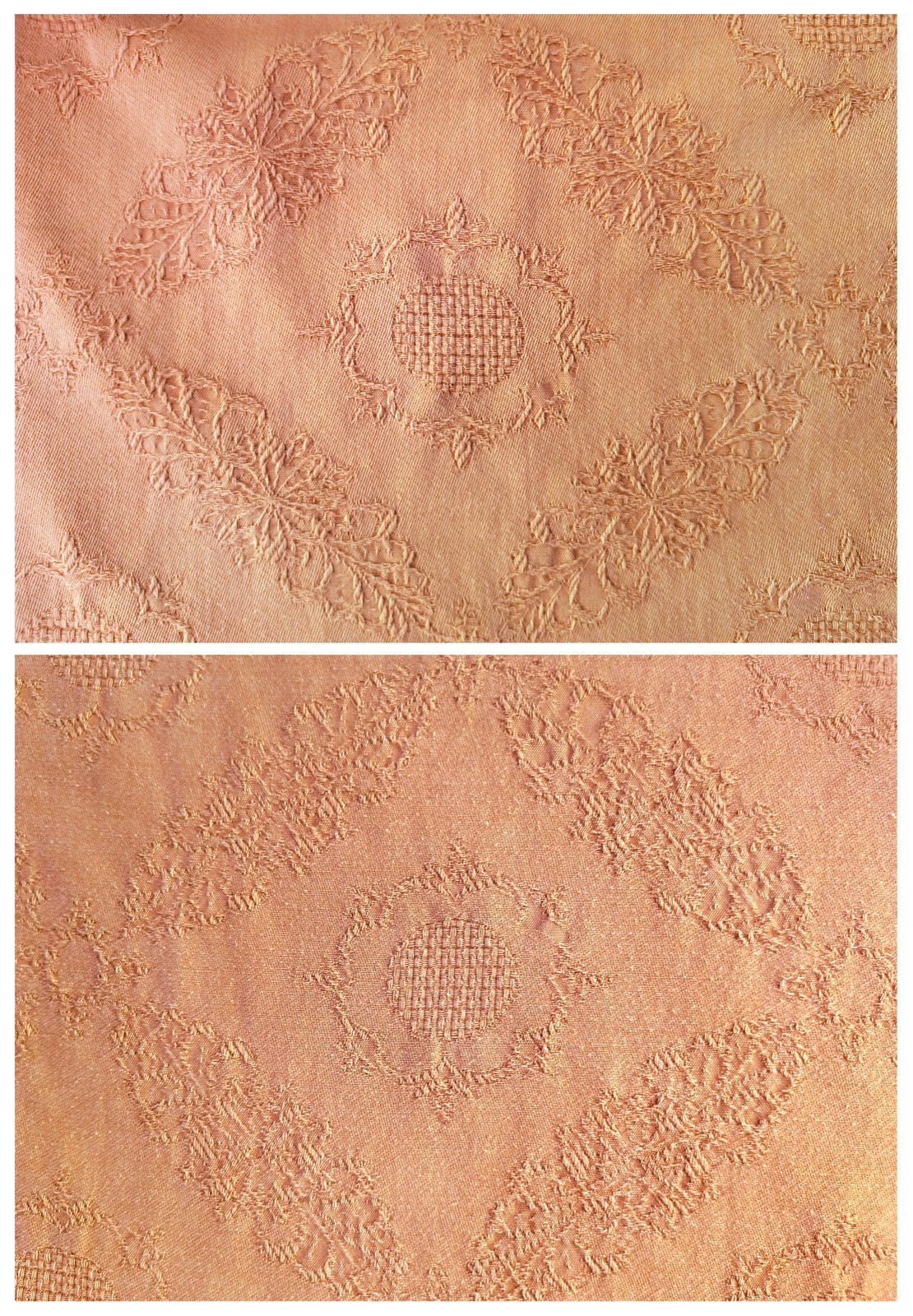 Damask fabric showing contrasting face and reverse sides of the same cloth.