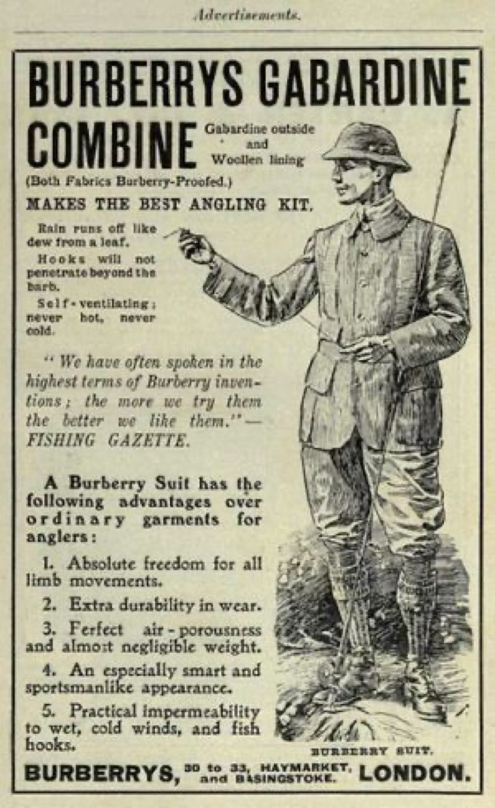 1908 Burberry advertisement for gabardine angling suit fabric.