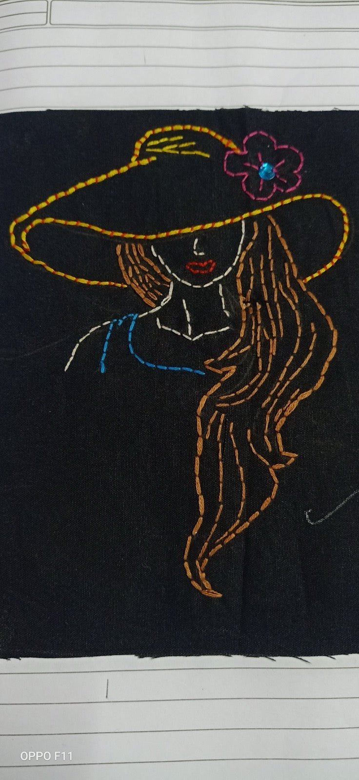 Hand embroidery stitch work with needle and thread on textile ground.