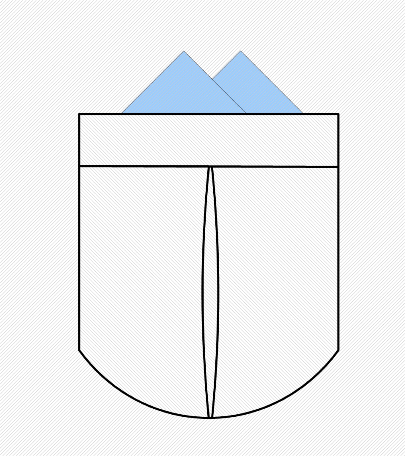 Diagram of inverted box pleat pocket with inward-facing fold on skirt panel.