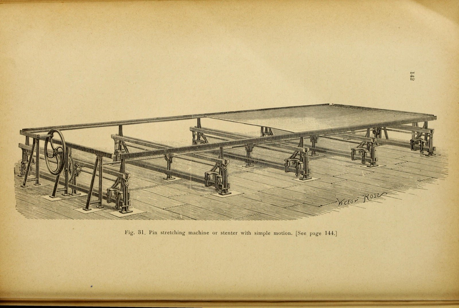 1889 treatise plate showing piece-dyed and finished cotton goods on beam.