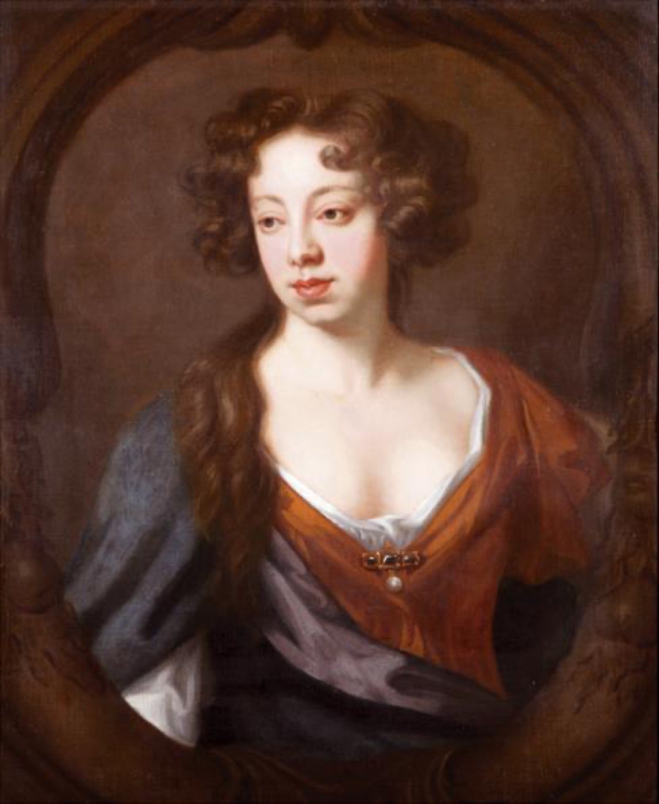 Baroque portrait with oval portrait neckline framing the shoulders.