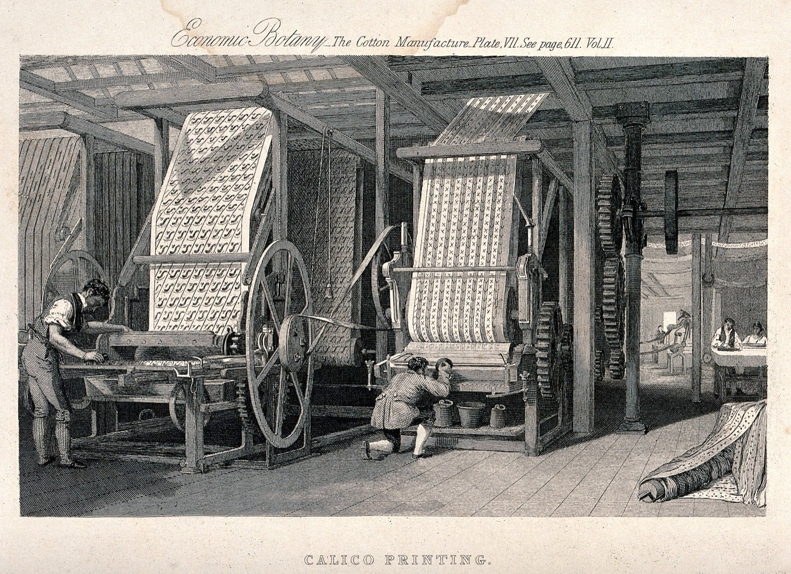 Engraving of men working at large rotary fabric printing machines in mill.