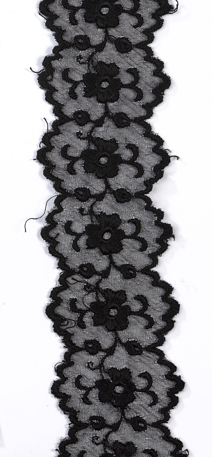Schiffli embroidery reference photograph on textile or garment surface.