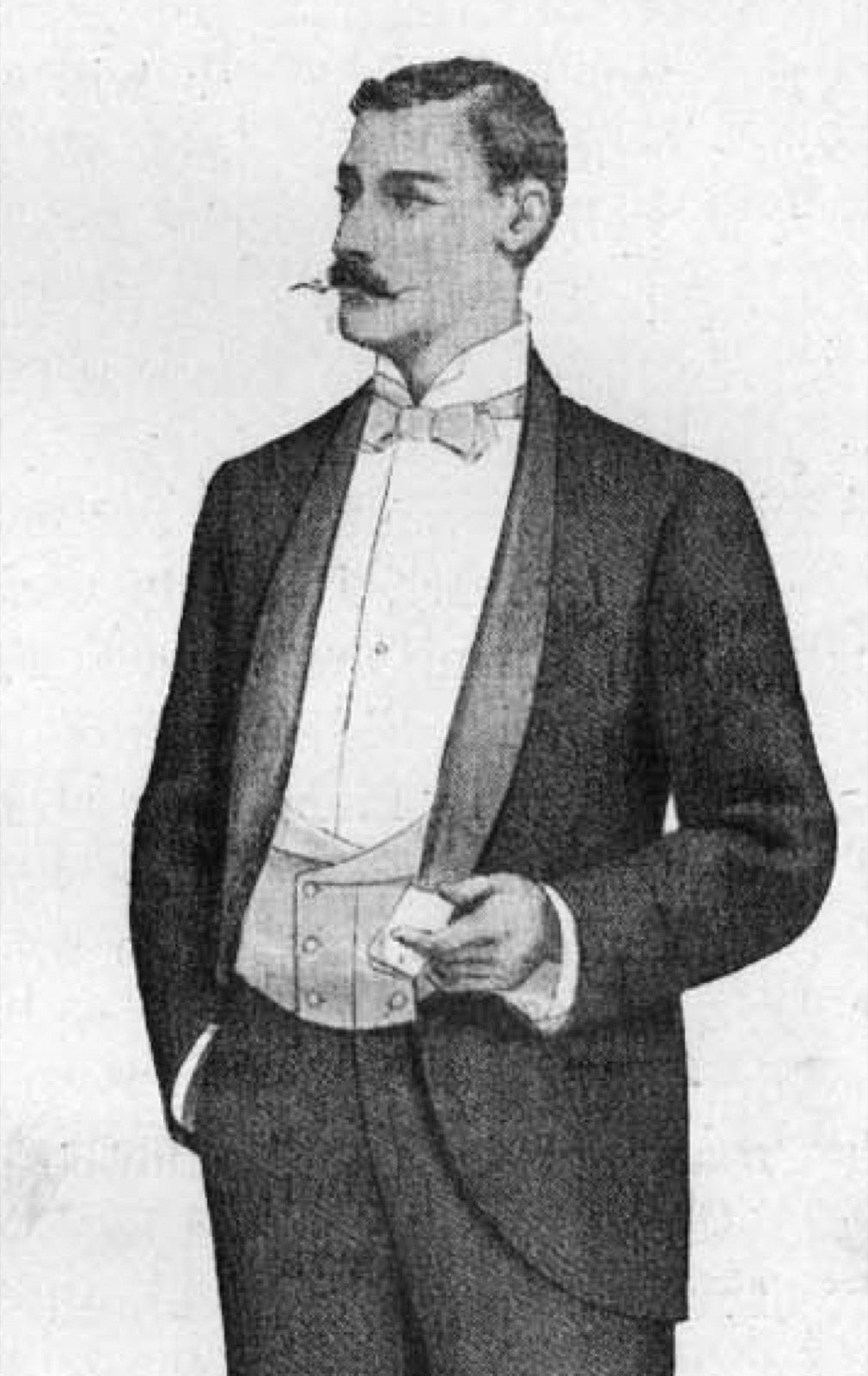 1898 dinner jacket detail showing continuous curved shawl collar without a notch.