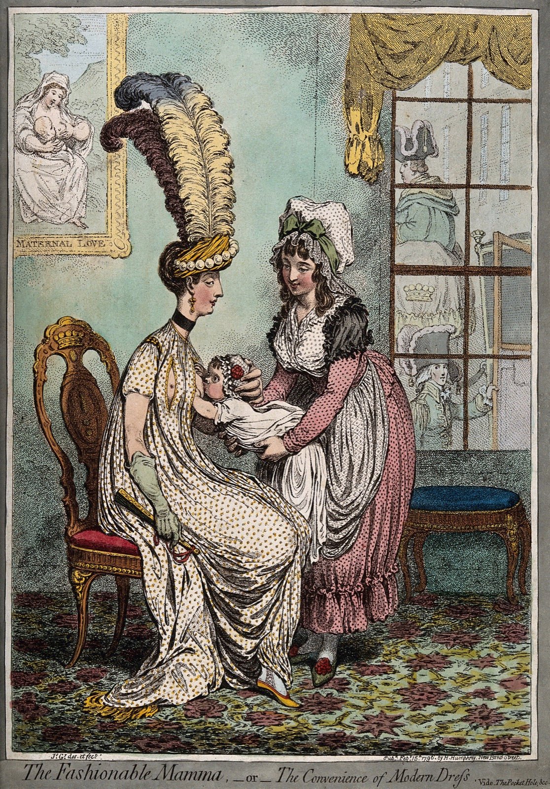 Historic fashion plate showing dress with hem slit openings.