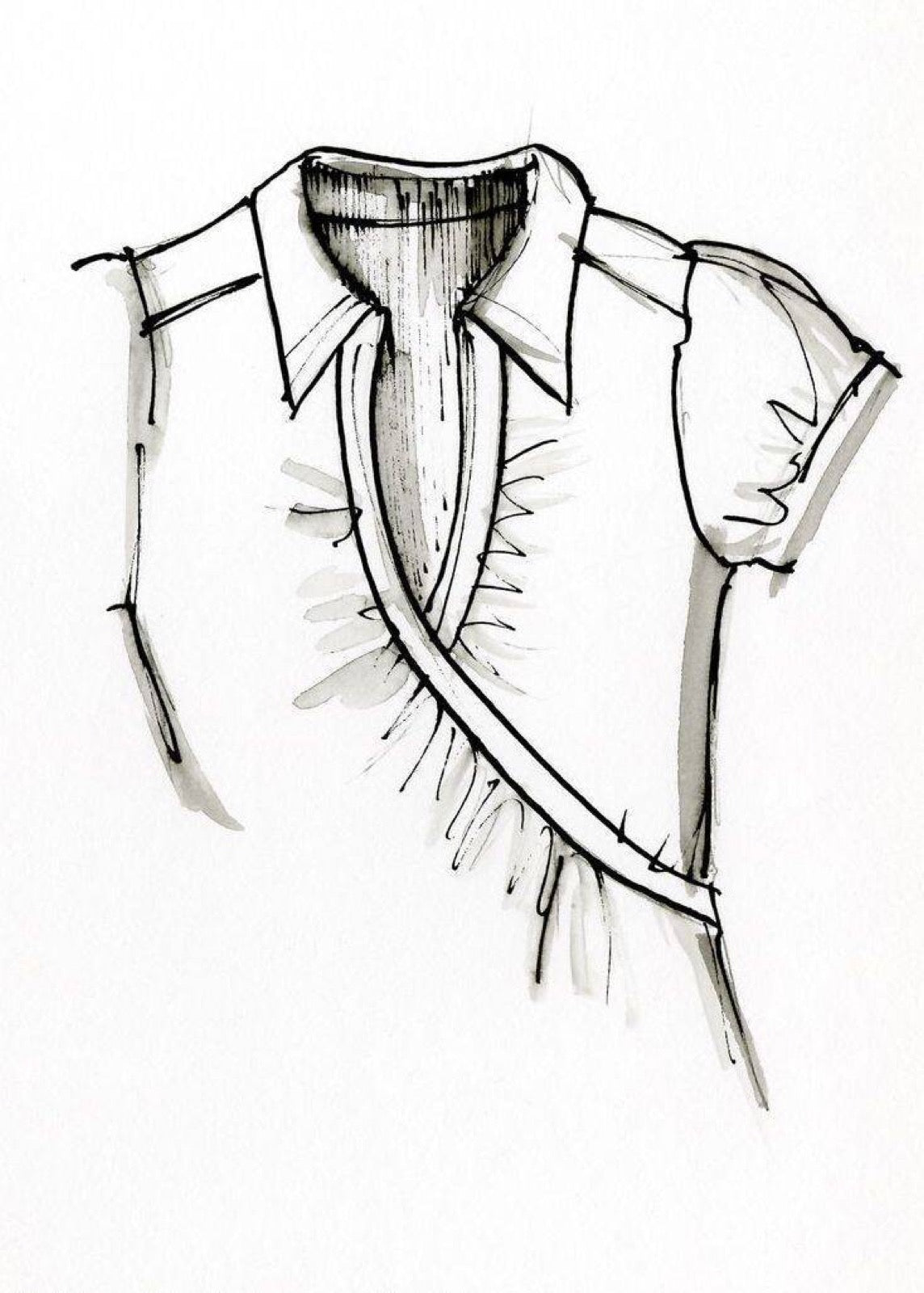 Diagram of surplice wrap neckline crossing at center front.