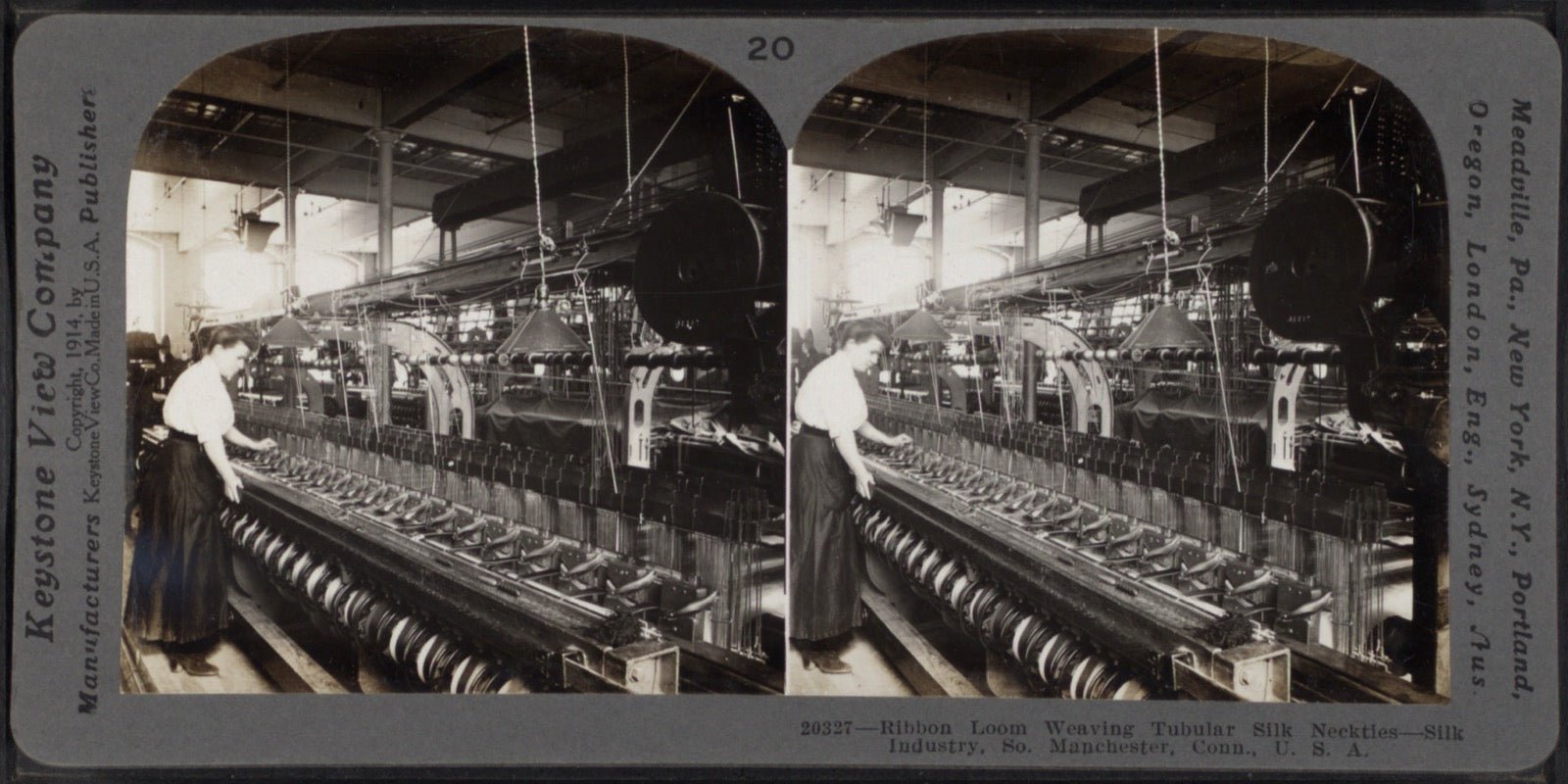 Ribbon loom weaving tubular silk neckties in a Connecticut silk mill.