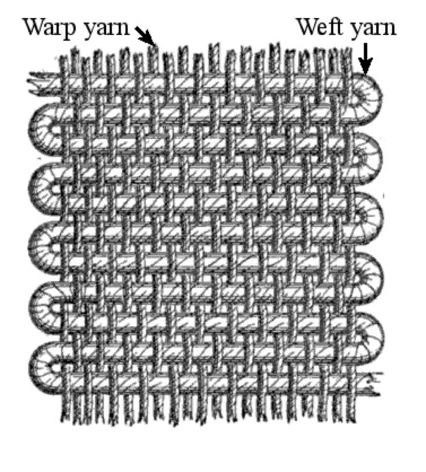 1878 illustration labeling warp and weft yarns in a woven cloth.