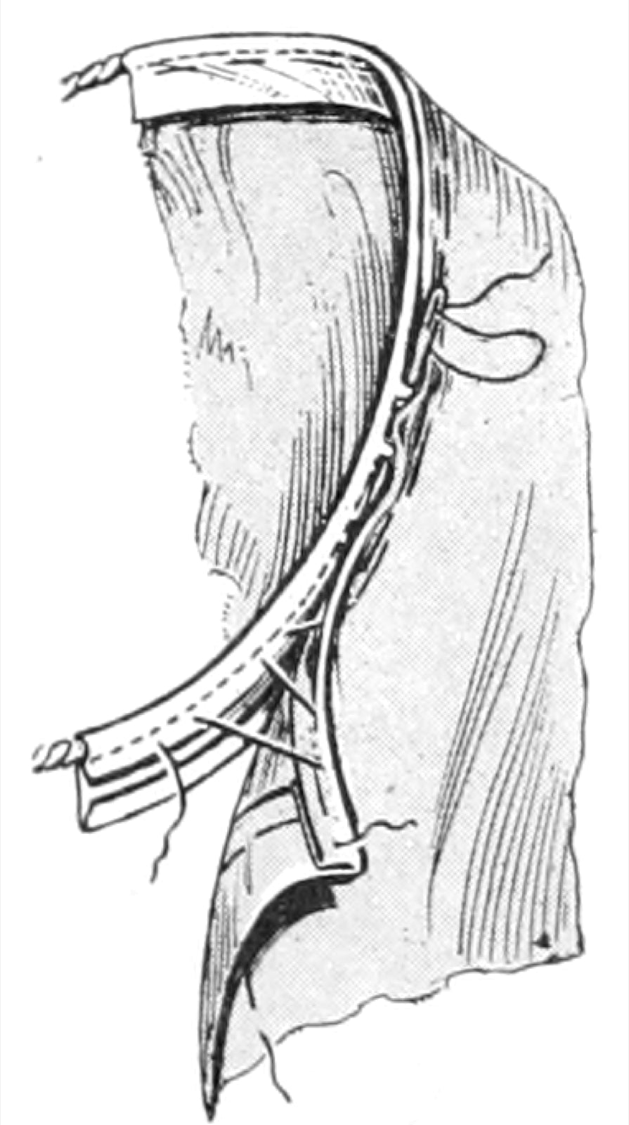 Corded facing tuck channel with cording inserted in fabric fold.