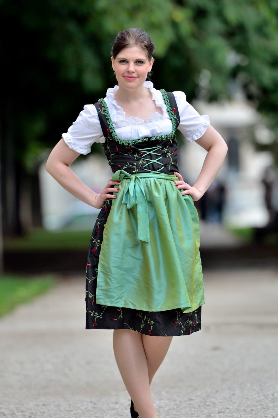Alpine dirndl with fitted laced bodice panel above full folk skirt.