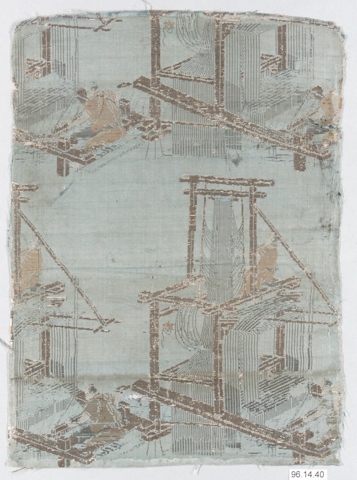 Japanese drawloom textile fragment with loom, weaver, and drawboy figures.
